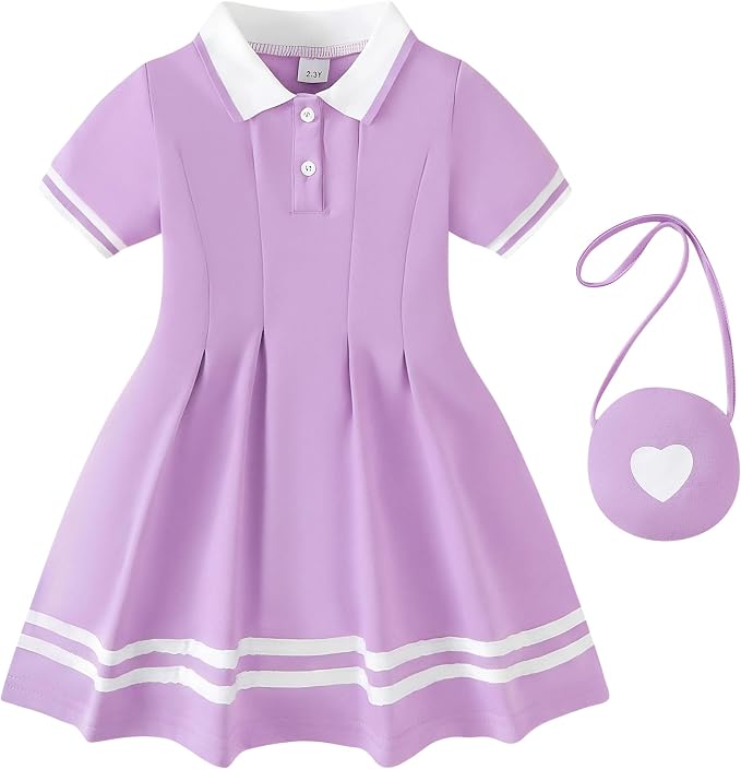 Renotemy Infant Baby Girl Dress Toddler Girls Summer Clothes School Outfits Cotton Short Sleeve Polo Dresses with Bag 12M-5T