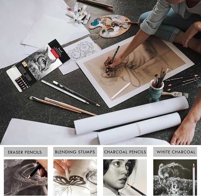 Brusarth Charcoal Drawing Set -12 pc Black charcoal pencils, White Charcoal Pencils, Eraser Pencils, Blending Stumps for Drawing, Sketching, Shading, Artist Pencils for Beginners & Artists