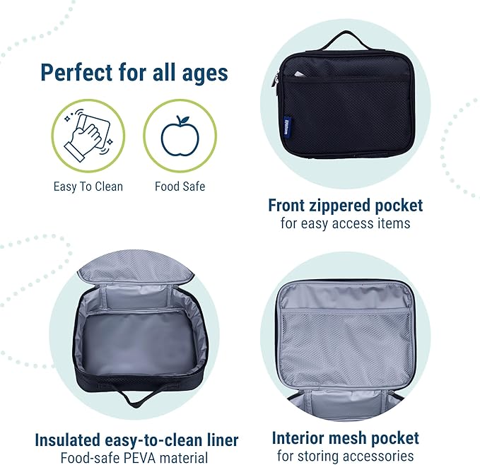 Wildkin Kids Insulated Lunch Box, Keeps Food Hot or Cold, BPA-Free with Mesh Pockets & Easy-Clean Lining – Ideal for School, Travel & Daycare – Rip-Stop Black