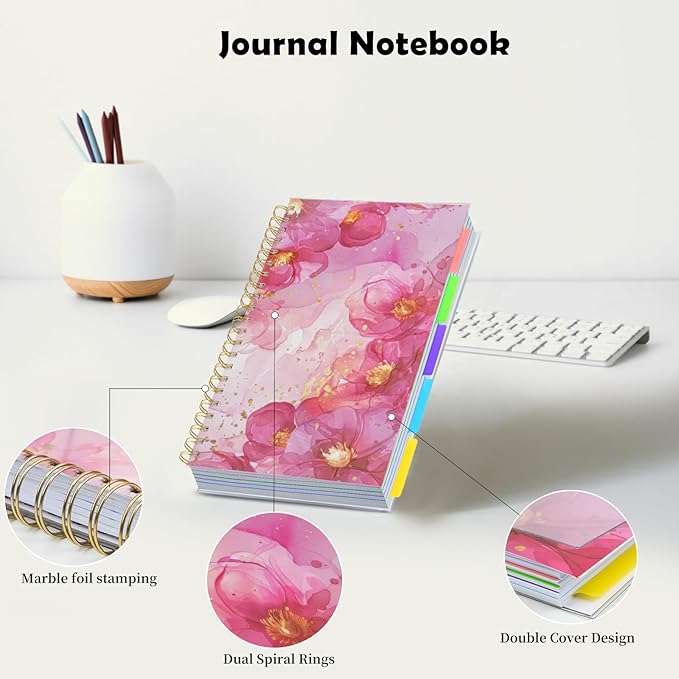 5 Subject Notebook College Ruled, A5 Spiral Notebook with Removable Pocket Dividers Tabs, Lined Organizer Notebook Journal for Women, 240 Pages Notebooks for Work School Note Taking, Pink Floral
