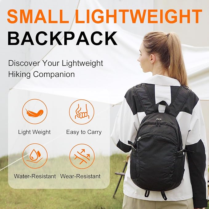 Small Hiking Backpack Travel Lightweight Hiking Packable Daypack Water-Resistant Foldable Ultralight Backpacks 15L for Travel Women Men Camping (Black)