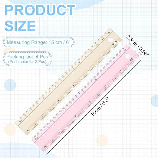 PATIKIL Metal Ruler 6 Inch/15cm, 4 Pcs Aluminum Straight Edge Ruler, Dual Scale Measuring Tool with Inch/Centimeter Scales & Hole for Math Office Drawing Engineering Home, Pink/Yellow