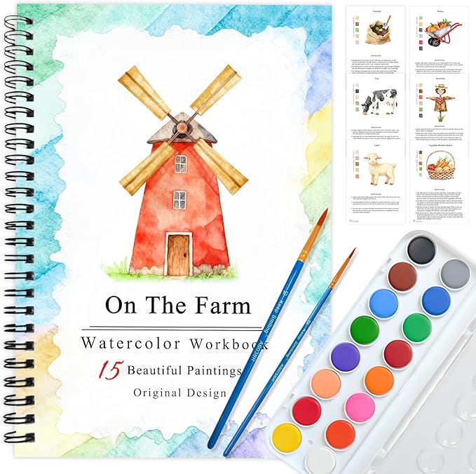 Watercolor Workbooks Coloring Book, Beginner Friendly Painting Kit, Detailed Steps, Creative Exploration Watercolor Book with Paint Set for Adults Teens (Farm, With paint)