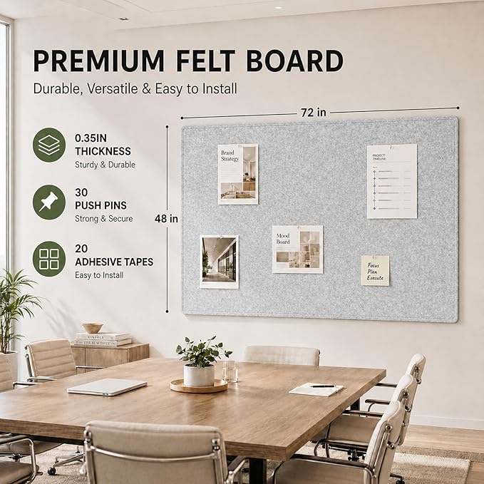 Felt Bulletin Board for Wall 72" x 48" Unfolded Size, Large Frameless Felt Pin Board, Soft Cork Board Alternative for Office, Home Planning, Notes, Photos & Wall Decor, Foldable Shipping, Easy Install
