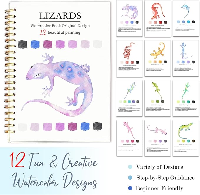 Easy Watercolor Workbook for Beginners - 12 Beautiful Step-by-Step Paintings Water Coloring Book, Includes 16 Colors Paints, Relaxing Art Projects and Creative Gift for Adults & Teen (Lizards)