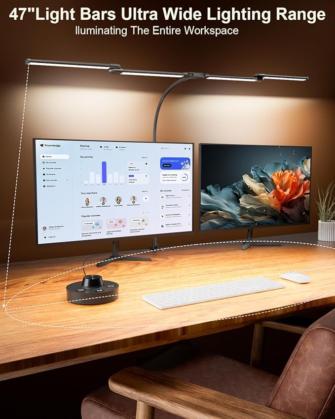 Desk Lamp Clamp Light 24W, Ultra Wide 4 Head Bars, 5 Color Modes Dimming, Multi-Screen Setup Desk Light for Office, Architect (Black, Adapter Included)