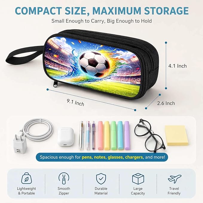 Firmiso Kids Pencil Case, Soccer Stadium Splash Graphic, Large Capacity Double Zipper Pencil Pouch with Compartments, Durable Polyester School Supplies Organizer, Pen Bag for Boys Girls Students