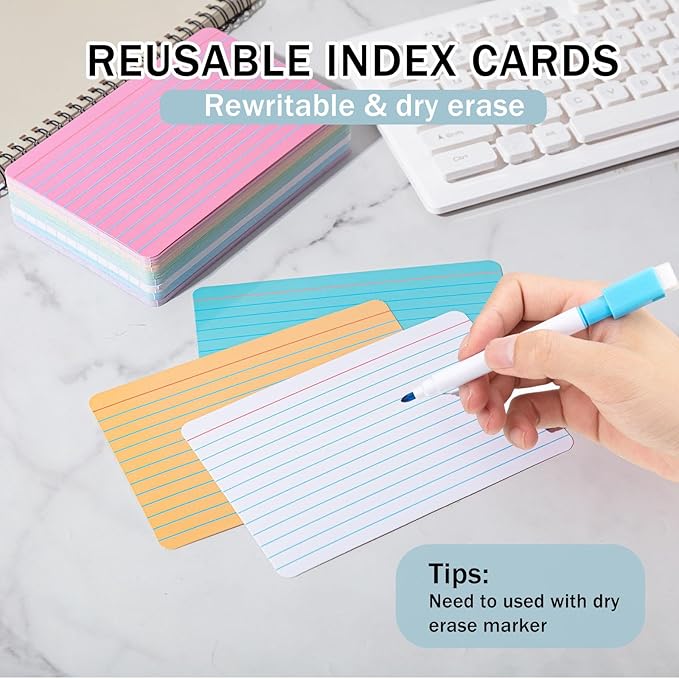 Harloon 100 Pcs Dry Erase Index Cards 4 x 6 Inch Laminated Reusable Dry Erase Note Cards Sheets for Office Home Housework to Do List (Ruled Candy Color)