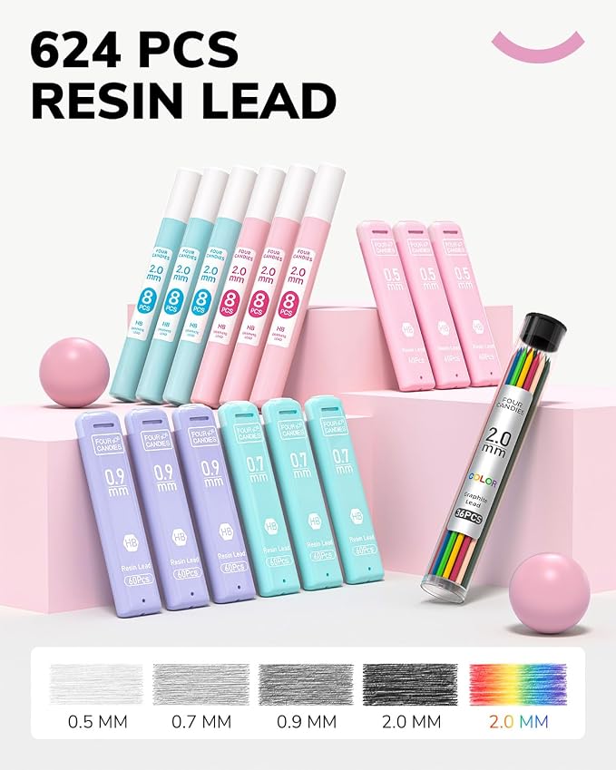 Four Candies 36PCS Mechanical Pencil Set with 624 Lead Refills (Light Pink) | 0.5mm, 0.7mm, 0.9mm & 2.0mm Mechanical Pencils, Aesthetic School Supplies for Writing, Drawing, Drafting and Note-Taking