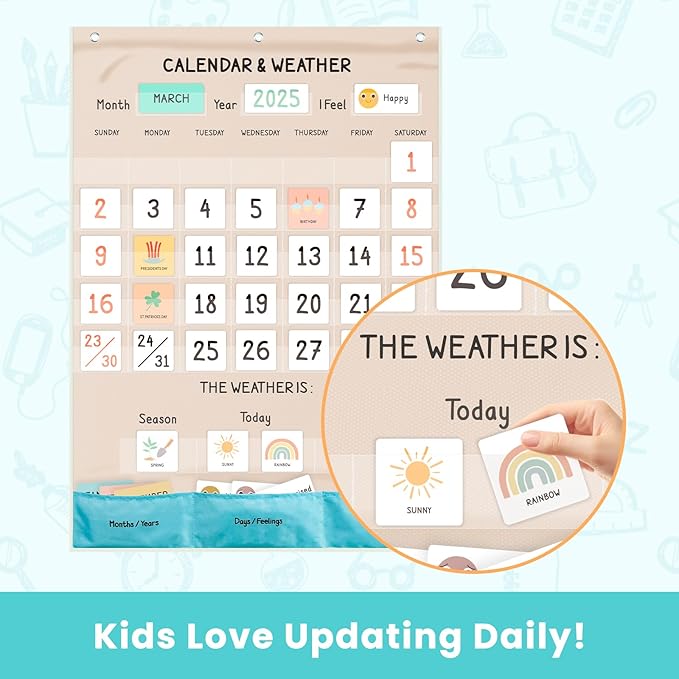 Classroom Boho Calendar & Weather Pocket Chart with 111 Cards, Circle Time Learning Center for Kids and Toddler, Preschool Must Haves!