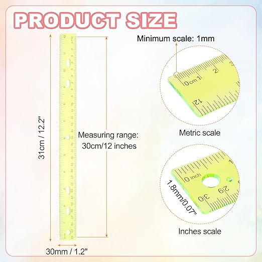 HARFINGTON 12pcs Plastic Rulers 12" (30cm) Clear Straight Ruler Measuring Tool Inches and Centimeters with Hole for Home Office Classrooms Drafting, Clear Yellow
