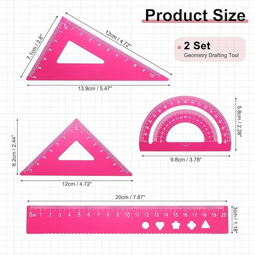 PATIKIL 8 Pcs Geometry Drafting Tool, Aluminum Alloy Geometry Kit Math Tool Includes 20cm L Ruler Protractor Triangles for Drafting Angle Measure Simple Science Experiment, Pink