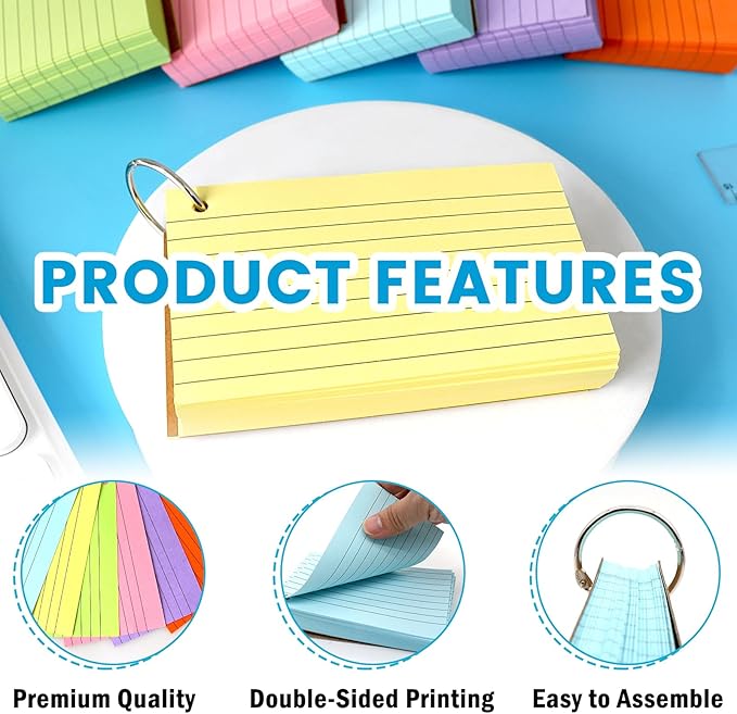 Lovppy 600PCS Index Cards,3x5 Inches Colored Flash Cards with Ring, Punched Lined Flashcards Ruled Index Cards Notecards Study Cards Heavy Note Cards for Studying, Learning, School, College
