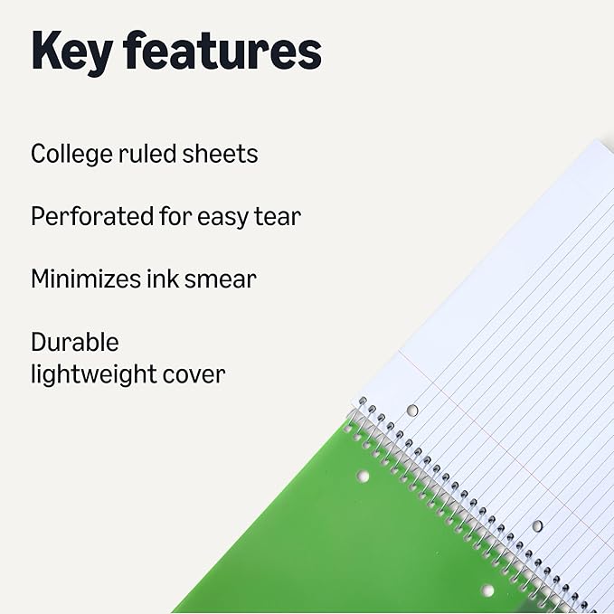 Amazon Basics College-Ruled Spiral Notebook, Poly Cover, For Work and School, 100 Sheets, 9" x 11", Green, 1-Pack