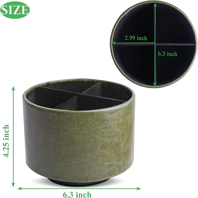 Round Leather Art Supply Organizer,Remote Control Holder,360 Degree Spinning,Multi-Functional Pencil Holder,4 Compartments Desktop Stationary Organizer(1-Oil Green)