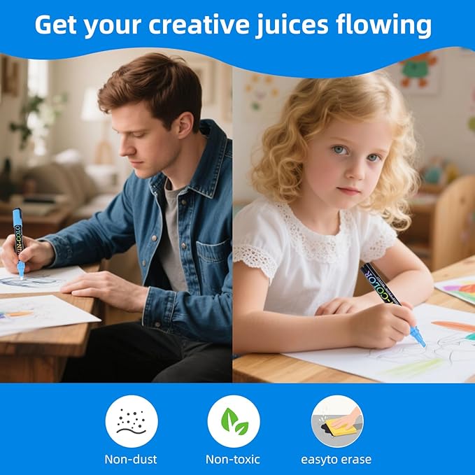 Liquid Chalk Markers Erasable,8 Colours Window Markers,6mm Reversible Tip,Zero Dust,Chalk Markers for Blackboards,Glass,Cars,Restaurant Menu