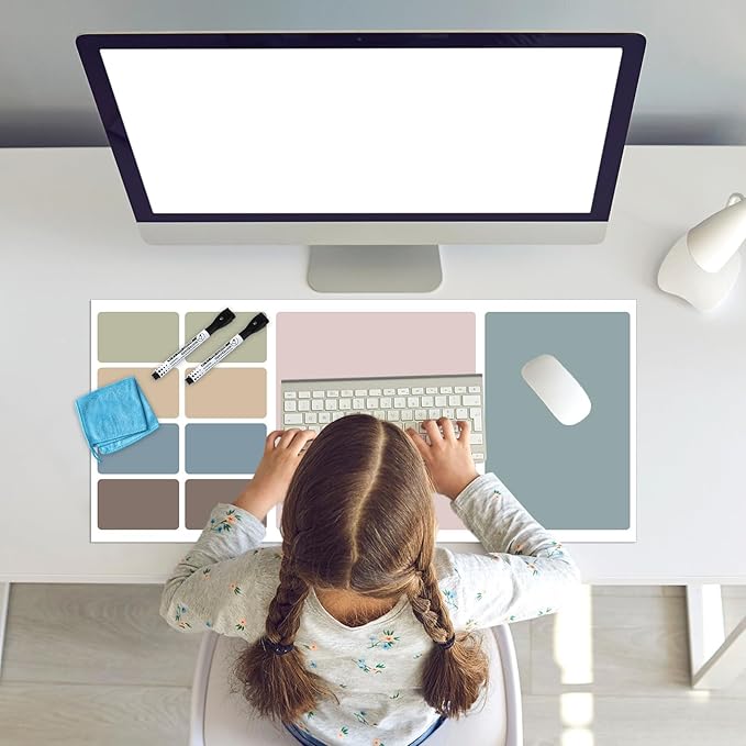 Dry Erase Desk Mat, Large Mouse Pad, Erasable Writing White Board for Making Plans, Self Adhesive Desktop Protector with 2 Wet Erase Markers & 1 Eraser for Home Office School 36"x16" (Boho)