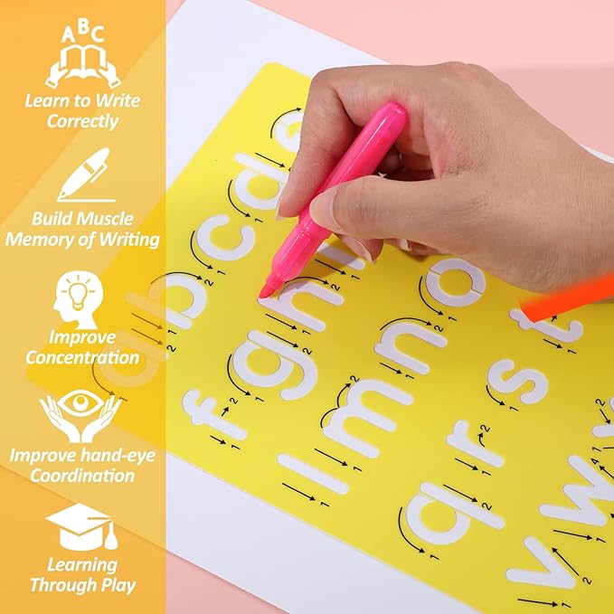 Fuutreo 12 Pieces Preschool Alphabet Tracing Stencil Set for Kids Colorful Letter Tracing Drawing Stencils with 6 Color Highlighter Cute Craft Pattern Paint Boards for Painting Classroom Rewards