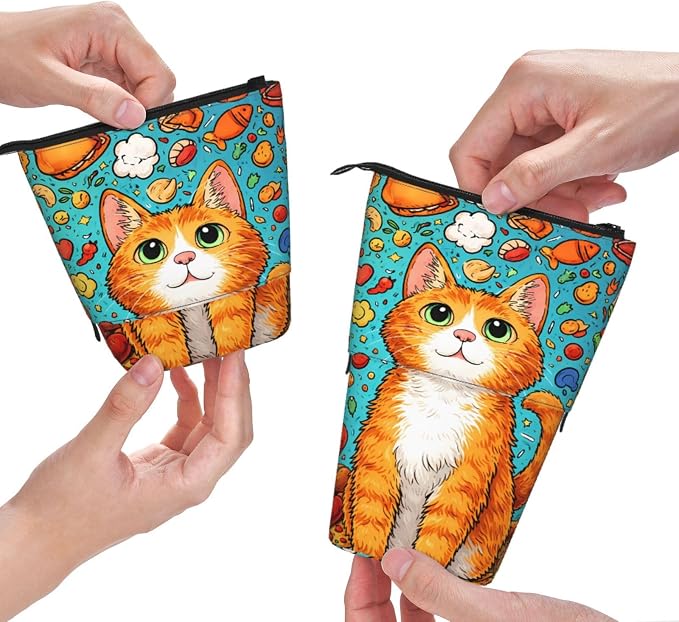 Cat Standing Pencil Case Cute Telescopic Stationary Pouch with Zipper Large Capacity Stand up Pen Bag Portable Makeup Holder for School Office Supplies