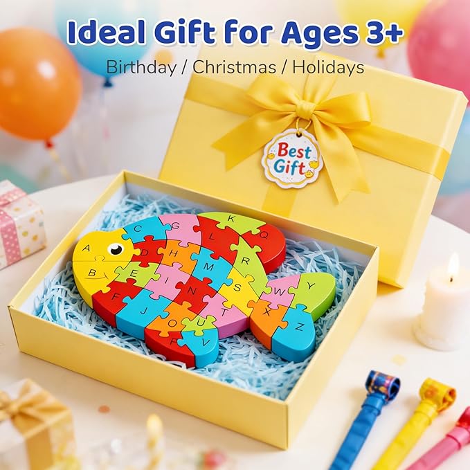 LovesTown Wooden Puzzles for Kids, Double Sided Goldfish Jigsaw with Alphabet & Numbers, Montessori Educational Toy for Toddlers, Chunky Animal Gift