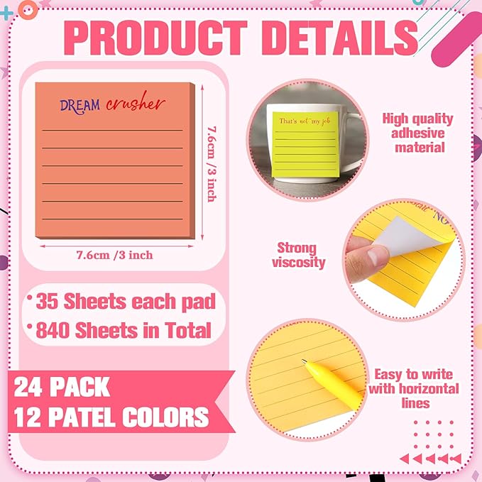 Yinder 24 Pcs Inspirational Sticky Notes Cute Motivational Sticky Notes Pad End of Year Employee Appreciation Gifts Bulk for Teacher Nurse Coworkers Office Supplies 3 x 3'' (Funny,Bright Color)