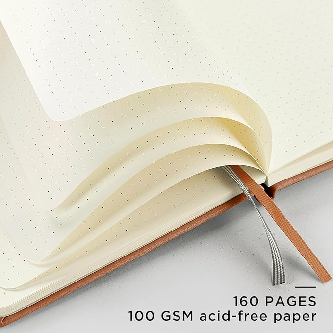 &And Per Se Dotted Journal Notebook, A5 Hardcover Leather Dotted Journal, 160 Pages 100gsm Thick Dot Grid Paper, 3 Sheets of Stickers Included - 5.7'' x 8'' (Light Brown)