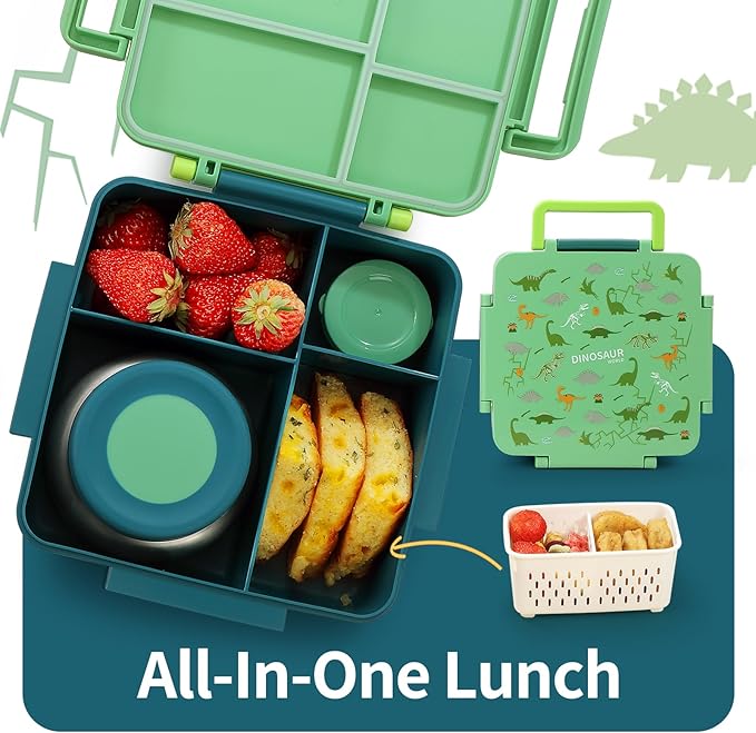 Bento Box for Kids with Thermos, [Large Capacity] Insulated Kids Lunch Box with 4 Compartment for Ages 3+, Drop-Proof & Dishwasher Safe Lunchbox Container Green