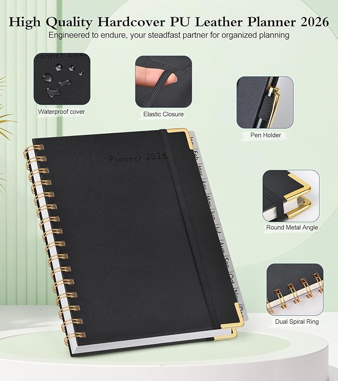 2026 Planner, Hardcover Leather Weekly and Monthly Planner, January 2026 - December 2026, Spiral Yearly Agenda Organizer Book 2026 with Tabs, Daily Calendar Planners for School Work Home, A5 (5.75" x 8.38"), Black