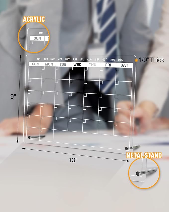 Acrylic Dry Erase Calendar Board to Do List Desktop Clear Memo Note Board, 9x13 Tabletop Whiteboard with Stand for Office, Home, School, Includes 6 Dry Erase Markers White