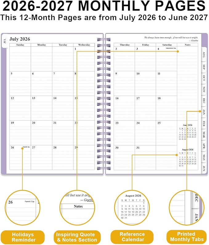 Planner 2026-2027 - Academic Planner from July 2026 to June 2027, Weekly & Monthly Planners Spiral Bound with 12-Month Tabs, Inner Pocket, 6.25" x 8.5", Purple