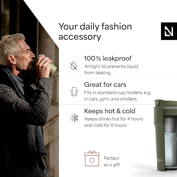 LARS NYSØM Thermo Coffee Mug to go 17oz | Travel Mug 0.5 Liter with Insulation | Leak Proof Stainless Steel Thermal Tumbler for Coffee and Tea on the Go (Olive Green, 17oz)