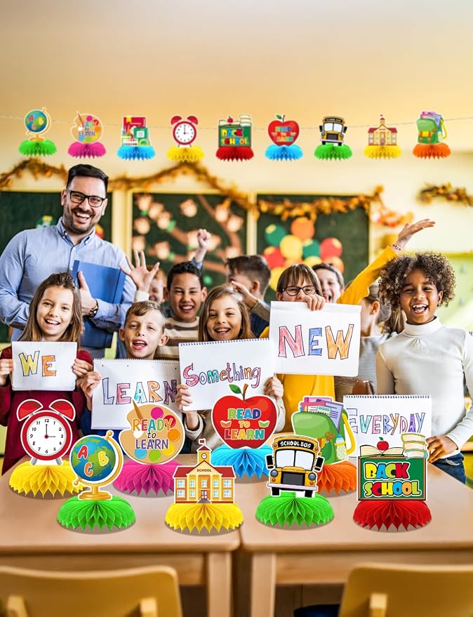 Back to School Table Decorations - 9 Pcs Welcome Back to School centerpieces for tables Bus Stationery Chalkboard Honeycomb Centerpiece Table Toppers for Teachers Students Classroom Supplies
