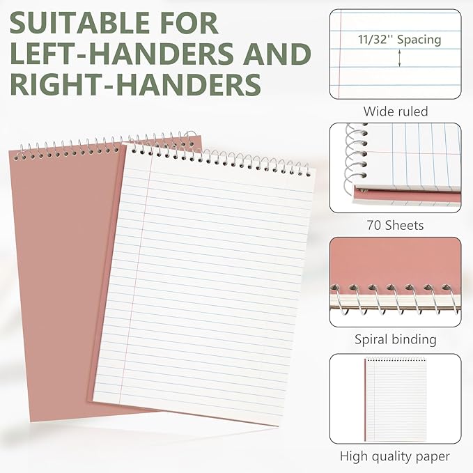Resurhang 6 Pack 8.5 x 11'' Top Bound Office Steno Book Wide Ruled Double Sided Spiral Notebooks Reliable White Paper 70 Sheets/Pad Pastel Colors Covers for Writing School Notes(Classic Color)