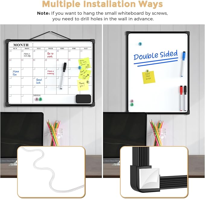 MaxGear Monthly Calendar Dry Erase Board for Wall, 16"x12" Small Hanging Double-Sided White Board, Portable Whiteboard for Planning, Drawing, Memo, to Do List, School, Home, Office, Black Frame