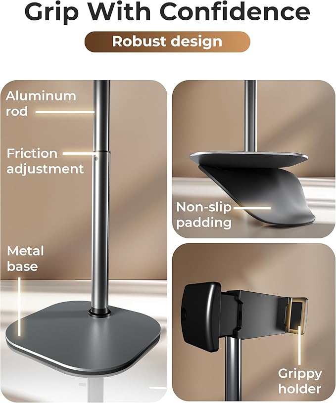 COOPER ChatStand, Adjustable Cell Phone Stand for Desk, Phone Stand for Recording, iPhone Holder for Filming, Small Tripod for iPhone, Fits Samsung, Android Smartphones, (Metallic Gray)