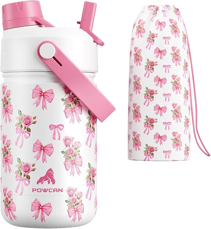 12 oz Insulated Girls Water Bottle: Spill-Proof, Stainless Steel Cup with Straw Spout Lid, BPA-Free, Cupholder Friendly, 24H Cold for Camping, School, Sports, Birthday Gift for Kids (Rosy Bouquet)