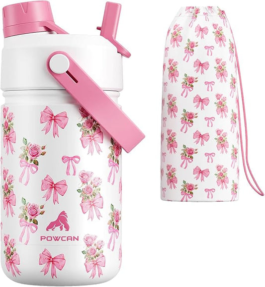 12 oz Insulated Girls Water Bottle: Spill-Proof, Stainless Steel Cup with Straw Spout Lid, BPA-Free, Cupholder Friendly, 24H Cold for Camping, School, Sports, Birthday Gift for Kids (Rosy Bouquet)
