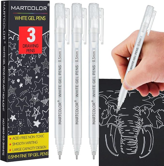 MARTCOLOR White Gel Pens, 0.5mm Extra Fine Point Opaque Archival Ink Pen for Black Paper Drawing, Art Highlight, Illustration, Bullet Journaling, Card Making & DIY Projects, 3 Pack