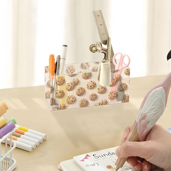 Aslsiy Tasty Cookies Pen Holder for Women 4 Compartments Acrylic Pencil Holder Clear Makeup Brush Holder Desk Organizer Office Supplies
