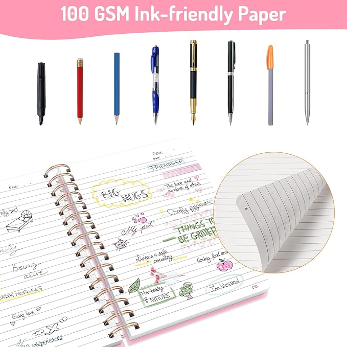 Forvencer Lined Spiral Journal Notebook with 300 Numbered Pages, A5 Thick Journals for Writing with 100GSM Paper, Hardcover Notebooks with Contents for Work, School, Women, Men, Pink