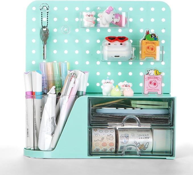 Comix Desk Organizer with Drawer, 360° Rotating Pen Holder for Desk, Pen Organizer with 5 Slots Pencil Holder+Pegboard+2 Drawer for Office Home Art Supplies (Green)