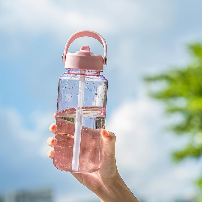 OLDLEY 32 oz Clear Water Bottle with Straw,Tritan BPA-Free, Wide Mouth, Leak Proof - for Gym, Travel, Home, School, Office (Pink)