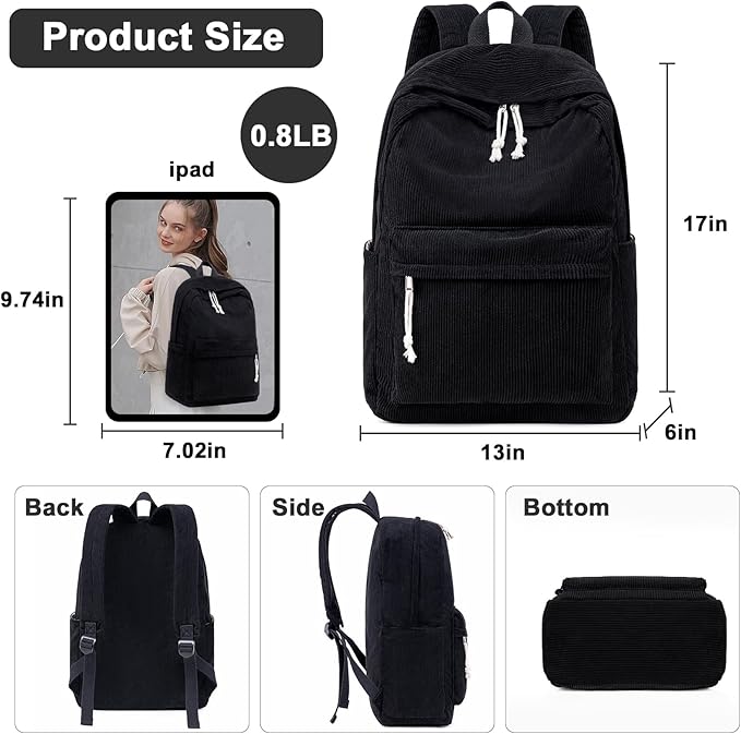 BTOOP School Backpack for Teens Large Corduroy Bookbag Lightweight 15.6 inch Laptop Bag for Girls Women Casual High School College