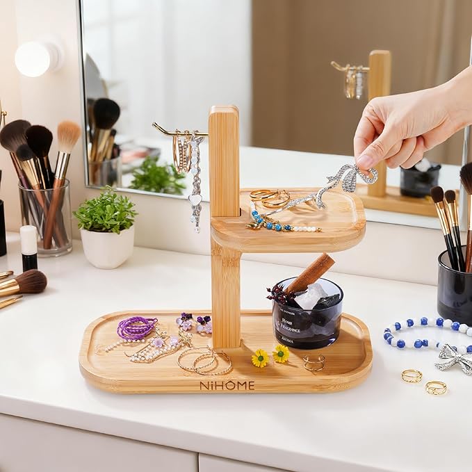 NiHome Bamboo Jewelry Organizer Stand with Hook & Trays, Wooden Display Rack for Necklaces, Earrings, Bracelets and Rings, Minimalist Jewelry Holder for Vanity or Desk, Durable and Tangle-Free Storage
