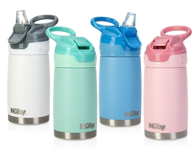 Nuby Thirsty Kids No Spill Flip-It Reflex Stainless Steel Travel Cup or Water Bottle - 10 Oz - 18+ Months - Pink - Back to School Essentials,(Pack of 12)