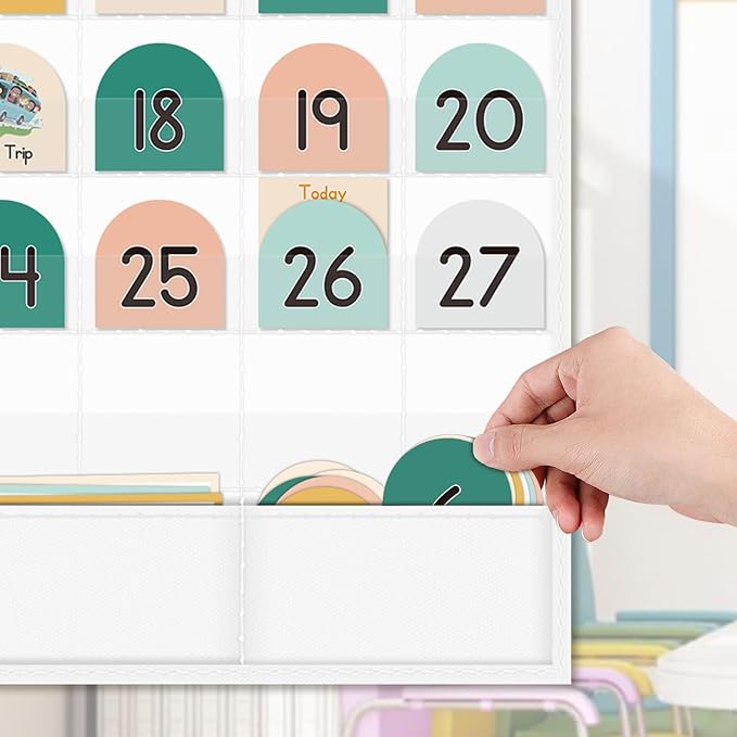 Eamay Boho Calendar Pocket Chart with 90 Cards for Kids Learning,Classroom and Home School Décor,White
