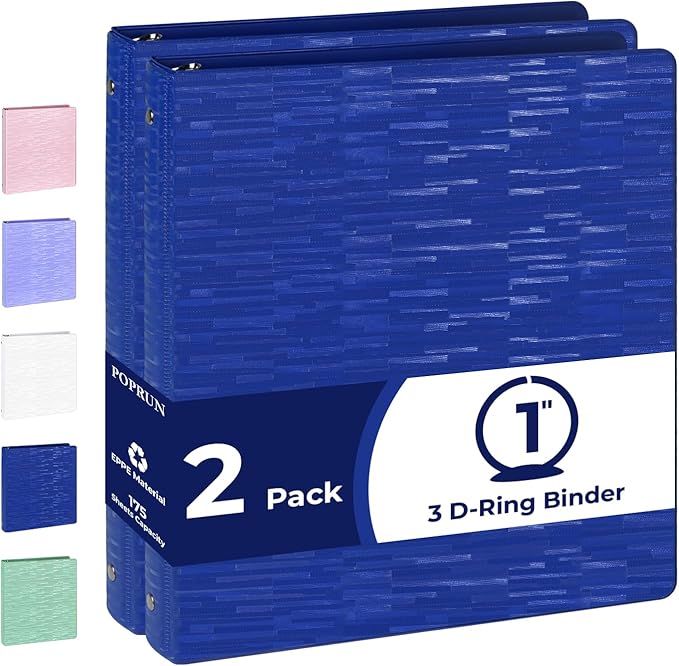POPRUN 3 Ring Binder 1 Inch, PVC-Free, Holds 175 Sheets of 8.5 x 11 Paper, Extra Durable Organizer with 2 Pockets for School & Office, Heavy-Duty, 2 Pack, Prussian Blue