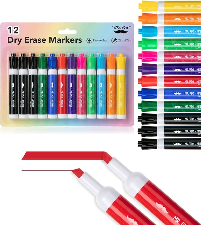 Mr. Pen- Dry Erase Markers, 12 Pack, Assorted Colors, Low Odor Ink, Chisel Tip, White Board Markers Dry Erase, Ideal for Classroom, Back to School Supplies, Teachers, Office, Whiteboard & Home