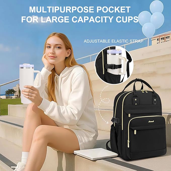 Women Laptop Backpack College Bookbag: 15.6 inch Backpacks with Pouch Pocket for Large Capacity Cup Travel Waterproof Book Bag Anti-theft Casual Work Bookbags for Teacher Nurse Black