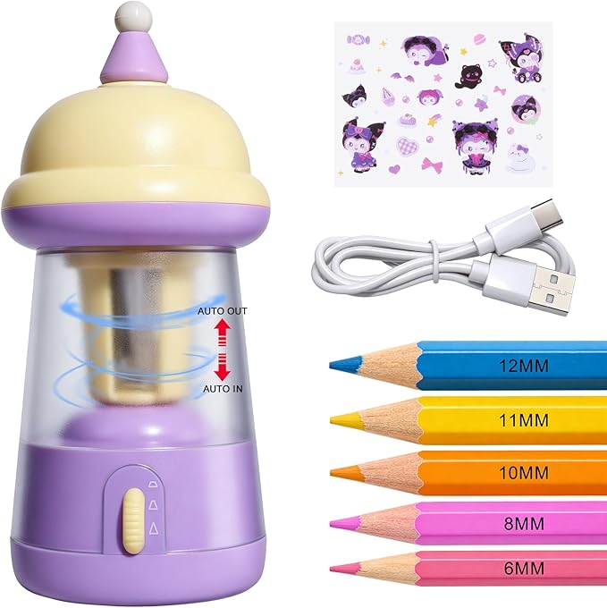 Rechargeable Electric Pencil Sharpener, 6-12mm Auto in & Out Fully Automatic Pencil Sharpener for Kids, Large Capacity Battery Powered, with Cartoon Stickers Ideal for Classroom & Home (Yellow-purple)